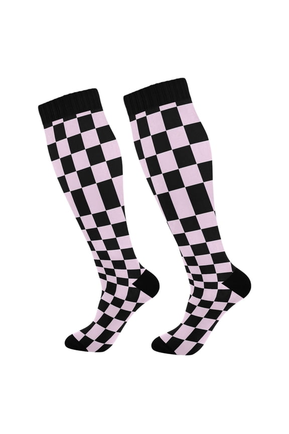Checkered Print Socks Women Men Knee High Sock