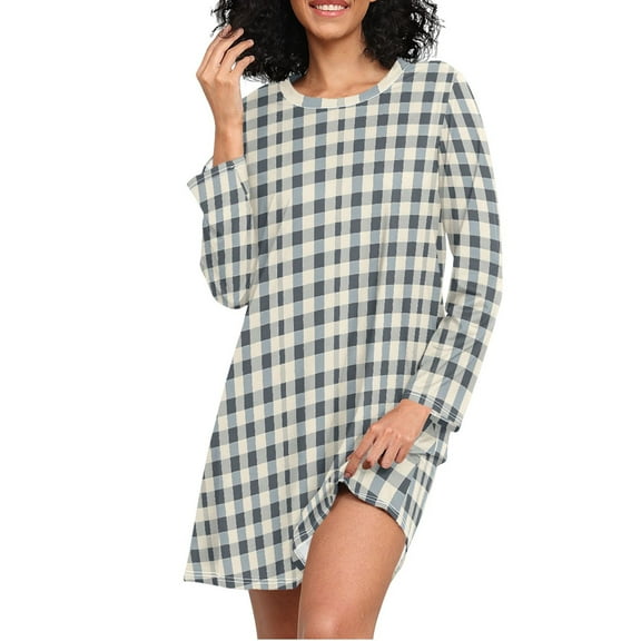 joogoo Checkered Vintage Women's Long Sleeve Nightgown Sleepwear L
