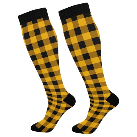 joogoo Checkered Yellow Grid Print Compression Socks Women Men Knee High Sock