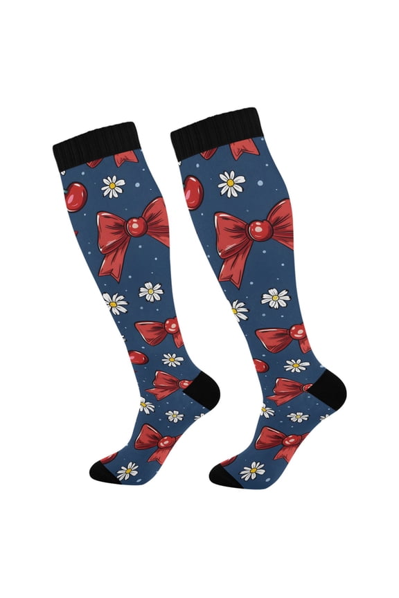 Cherry Daisy Flower and Bow Socks Women Men Knee High Sock