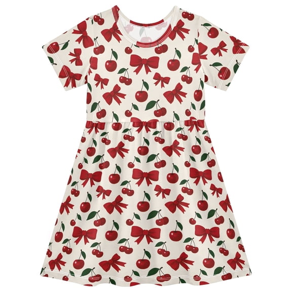 joogoo Cherry Fruits Bow Girls' Short Sleeve Dress Kids Dresses 5-6T