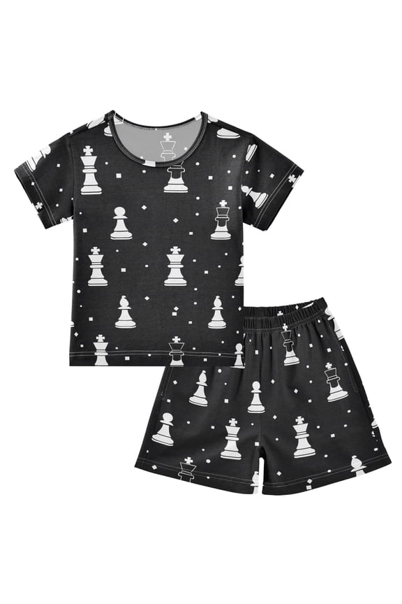 Chess Pattern Pajama Sets Short Sleeve Cotton 2-Piece Sleepwear 14Y