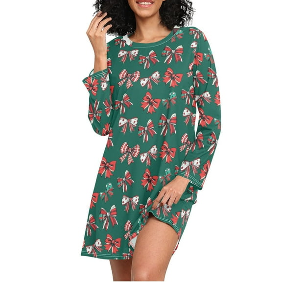joogoo Christmas Bows Women's Long Sleeve Nightgown Sleepwear L