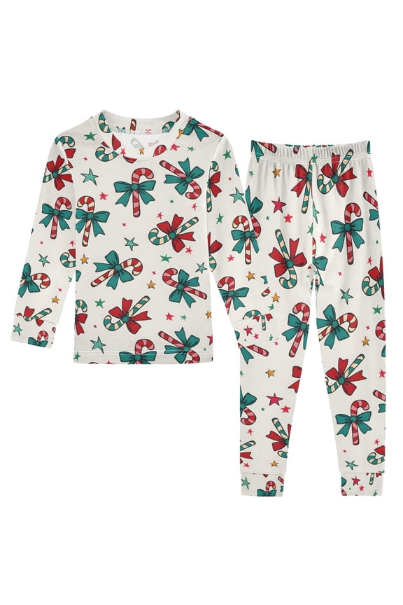 Christmas Candy Cane Bows Pajamas Set Long Sleeve Soft Cotton Sleepwear 2 Piece 24M