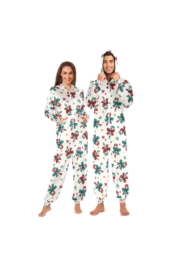 Christmas Candy Cane Bows Unisex Adults Onesies Pajamas Jumpsuits M
