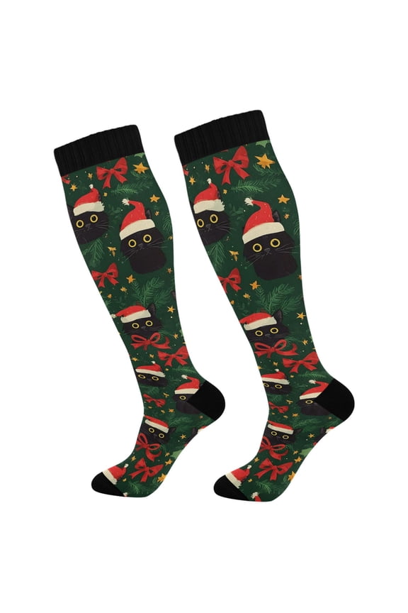Christmas Cat Bows Socks Women Men Knee High Sock