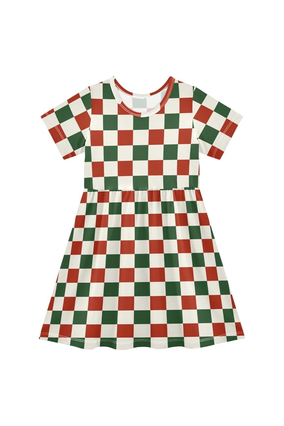 Christmas Checkered Grid Girls' Short Sleeve Dress Kids Dresses 5-6T