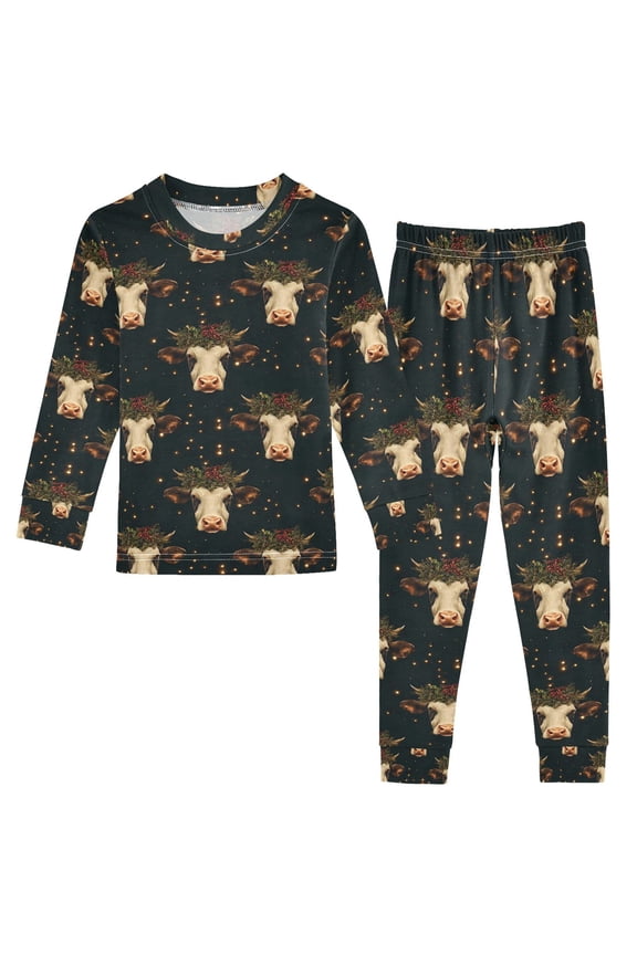 Christmas Cow and Holly 2 Piece Long Sleeve Tee and Pants Cotton Pajama Set 8Y