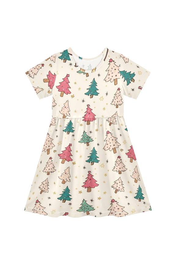 Christmas Cute Trees Girls' Short Sleeve Dress Kids Dresses 5-6T