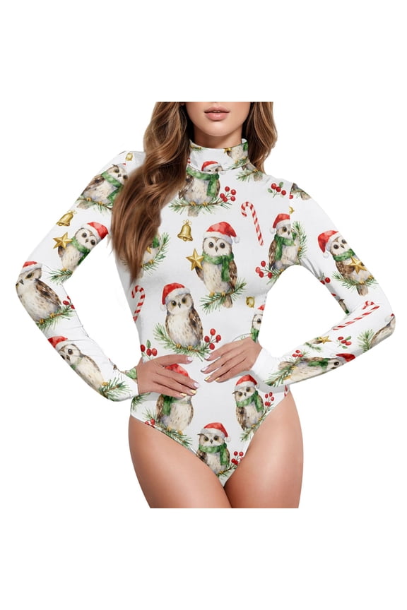 Christmas Owls Women's Mock Turtle Neck Long Sleeve Bodysuit XL