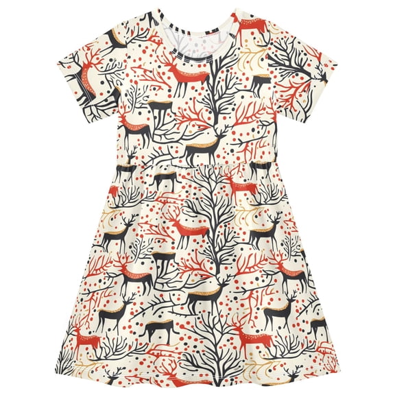 joogoo Christmas Reindeer Trees Girls' Short Sleeve Dress Kids Dresses 5-6T
