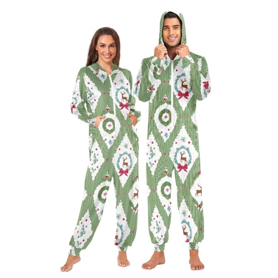 joogoo Christmas Reindeer and Wreath Unisex Adults Onesies Pajamas Jumpsuits L