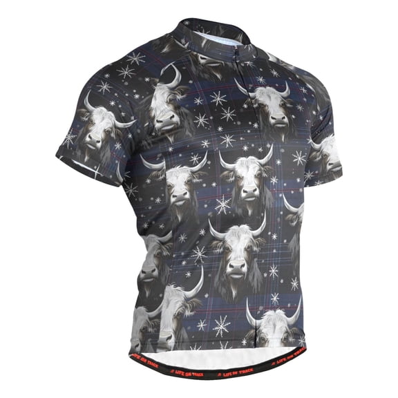joogoo Christmas Snow Cow Checkered Men's Cycling Jerseys Mountain Bike Short Sleeve Tops L
