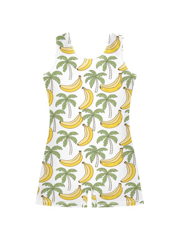 Coconut Tree Bananas Pattern Girls Leotards Gymnastics Tumbling Outfit Biketard Unitard 9-10Years