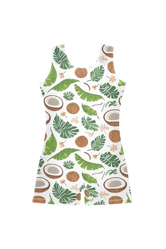 Coconut Tropical Leaves Pattern Girls Leotards Gymnastics Tumbling Outfit Biketard Unitard 2-3Years