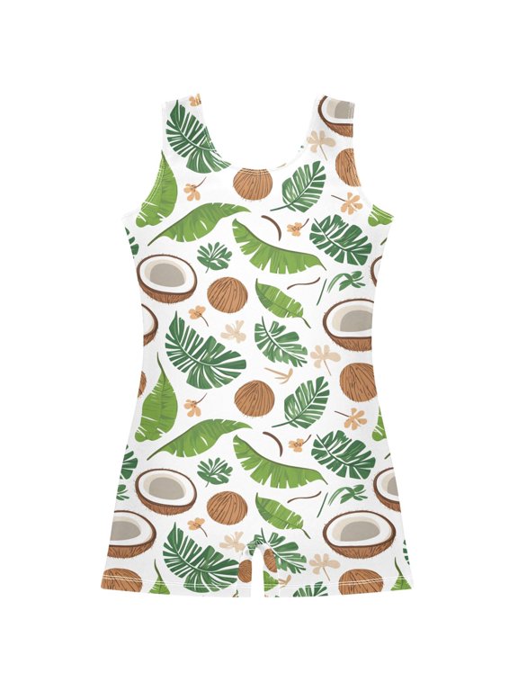 Coconut Tropical Leaves Pattern Girls Leotards Gymnastics Tumbling Outfit Biketard Unitard 7-8Years