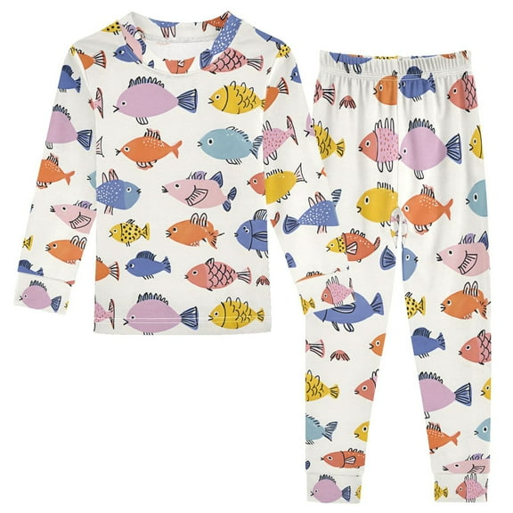joogoo Colorful Cartoon Fish 2 Piece Long Sleeve Tee and Pants Cotton Pajama Set 5Y
