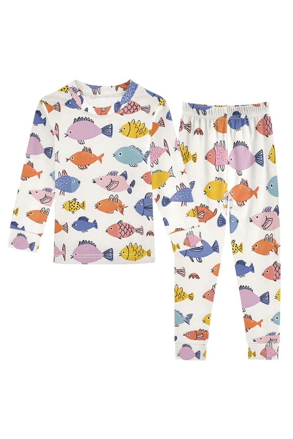 Colorful Cartoon Fish 2 Piece Long Sleeve Tee and Pants Cotton Pajama Set 8Y