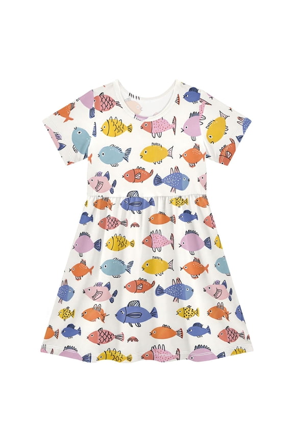 Colorful Cartoon Fish Girls' Short Sleeve Dress Kids Dresses 2T