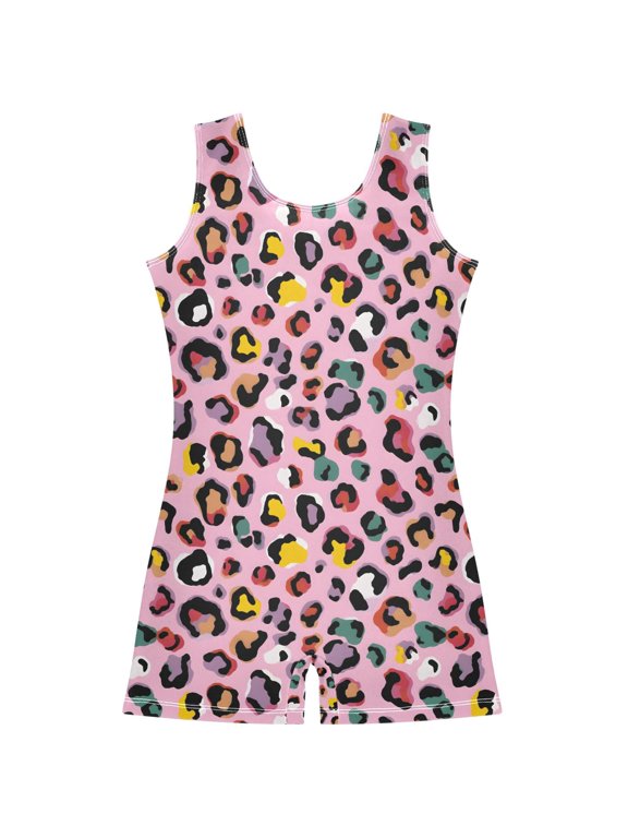 Colorful Leopard Pattern Girls Leotards Gymnastics Tumbling Outfit Biketard Unitard 5-6Years