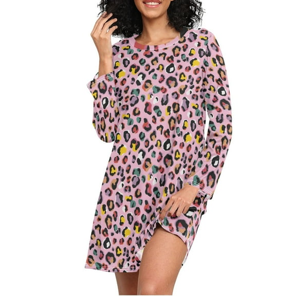 joogoo Colorful Leopard Women's Long Sleeve Nightgown Sleepwear L