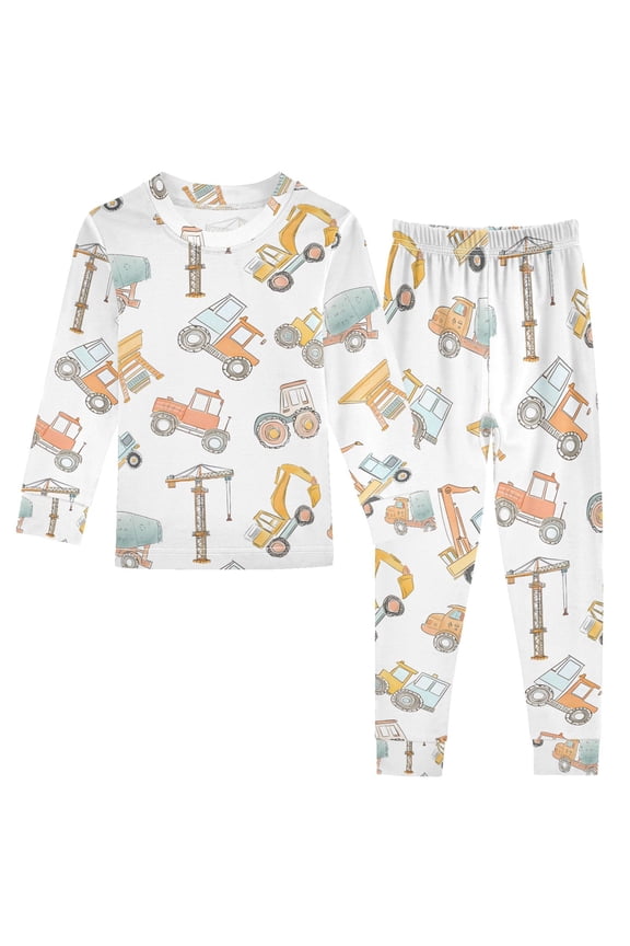 Construction Crane and Backhoe 2 Piece Long Sleeve Tee and Pants Cotton Pajama Set 5Y