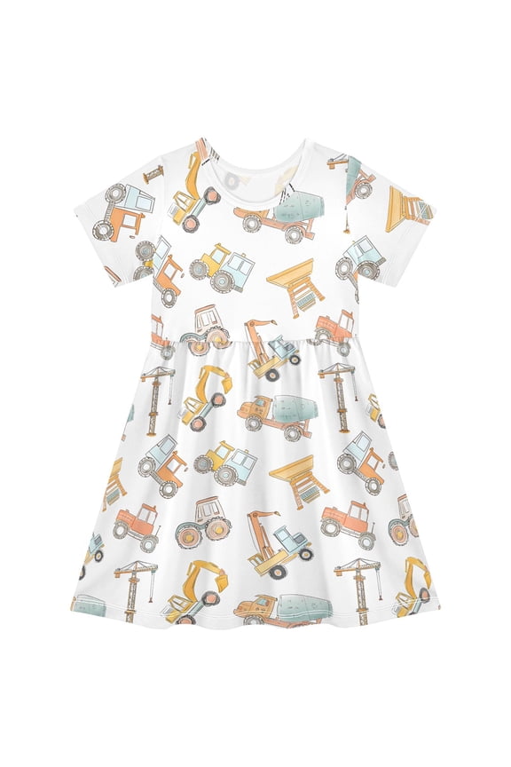 Construction Crane and Backhoe Girls' Short Sleeve Dress Kids Dresses 5-6T