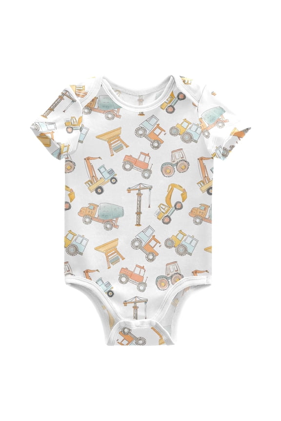 Construction Crane and Backhoe Pattern Baby Bodysuits Short Sleeve Cotton Onesies Clothes 3Months