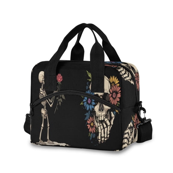joogoo Cool Funny Skull Flower Insulated Lunch Bags Reusable Cooler Box with Shoulder Strap