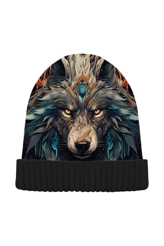 Cool Print Wolf Beanie Hats Men Women Cuffed Skull Cap Winter Warm Knit Thick Beanies