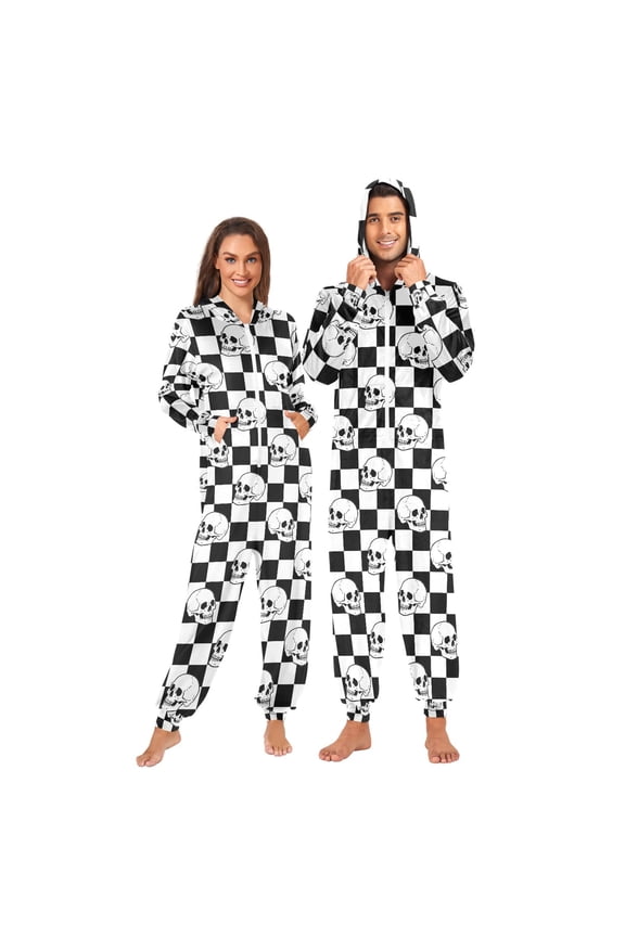 Cool Skulls on Checkered Unisex Adults Onesies Pajamas Jumpsuits L