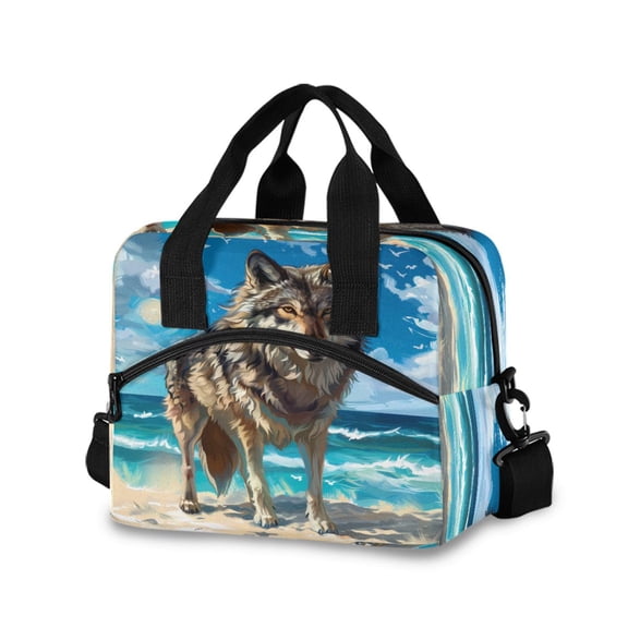 joogoo Cool Wolf on Beach Insulated Lunch Bags Reusable Cooler Box with Shoulder Strap
