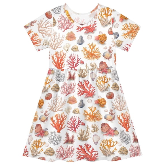 joogoo Corals Seashells Girls' Short Sleeve Dress Kids Dresses 7-8T