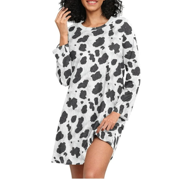 joogoo Cow Print Women's Long Sleeve Nightgown Sleepwear XXXL