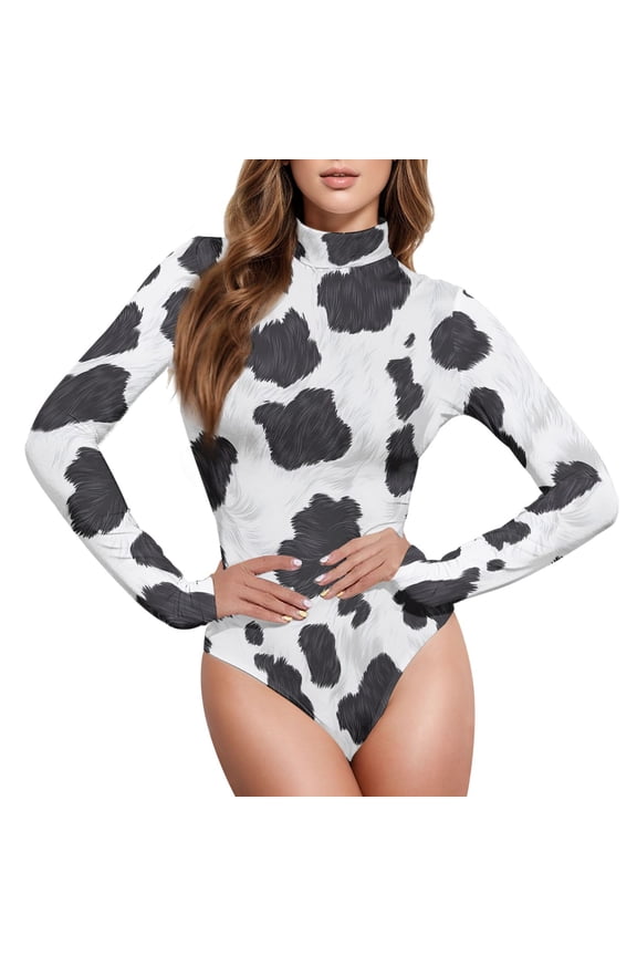 Cow Print Women's Mock Turtle Neck Long Sleeve Bodysuit XL