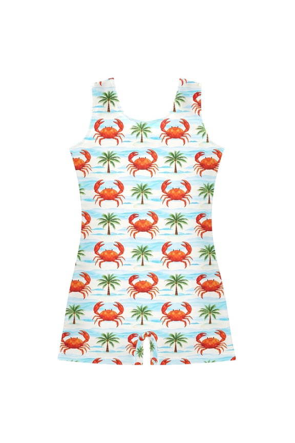 Crab Coconut Tree Pattern Girls Leotards Gymnastics Tumbling Outfit Biketard Unitard 7-8Years