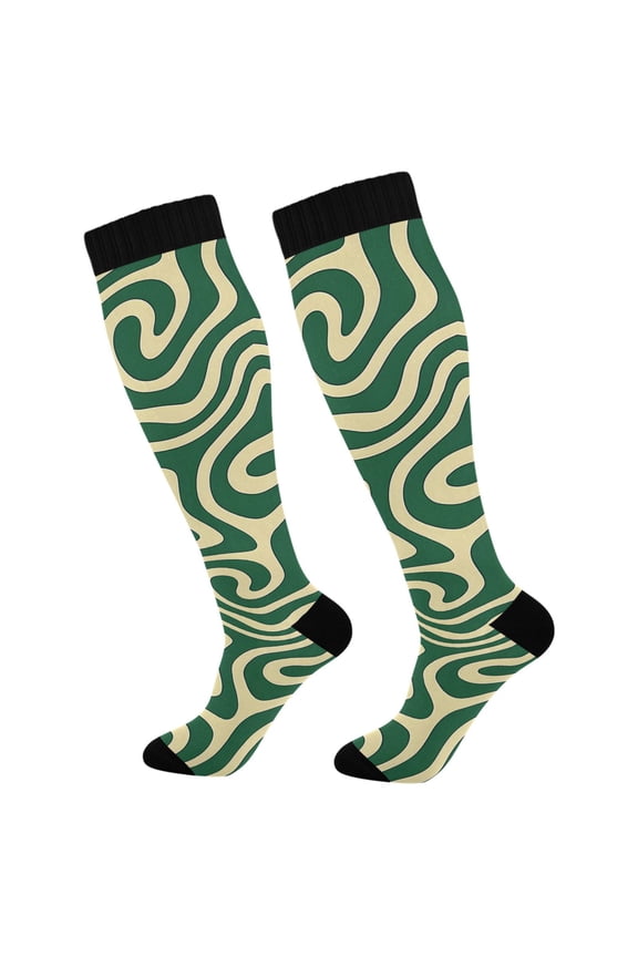 Cream Green Swirly Socks Women Men Knee High Sock
