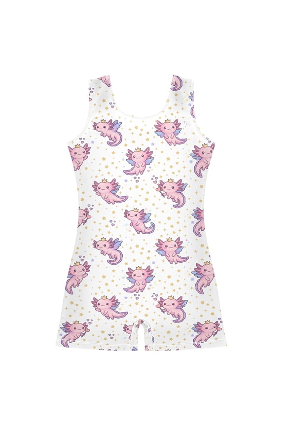 Crown Axolotl Pattern Girls Leotards Gymnastics Tumbling Outfit Biketard Unitard 2-3Years