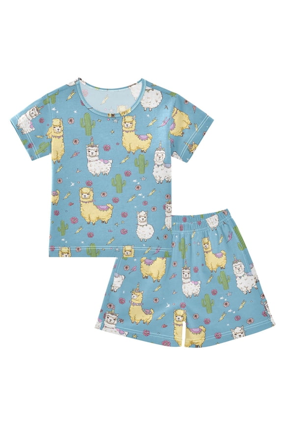 Cute Alpacas Cactus Pajama Sets Short Sleeve Cotton 2-Piece Sleepwear 10Y