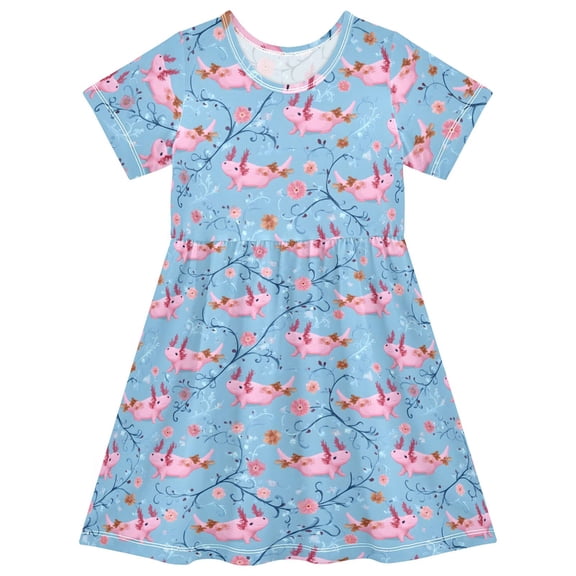 joogoo Cute Axolotls Blue Girls' Short Sleeve Dress Kids Dresses 5-6T