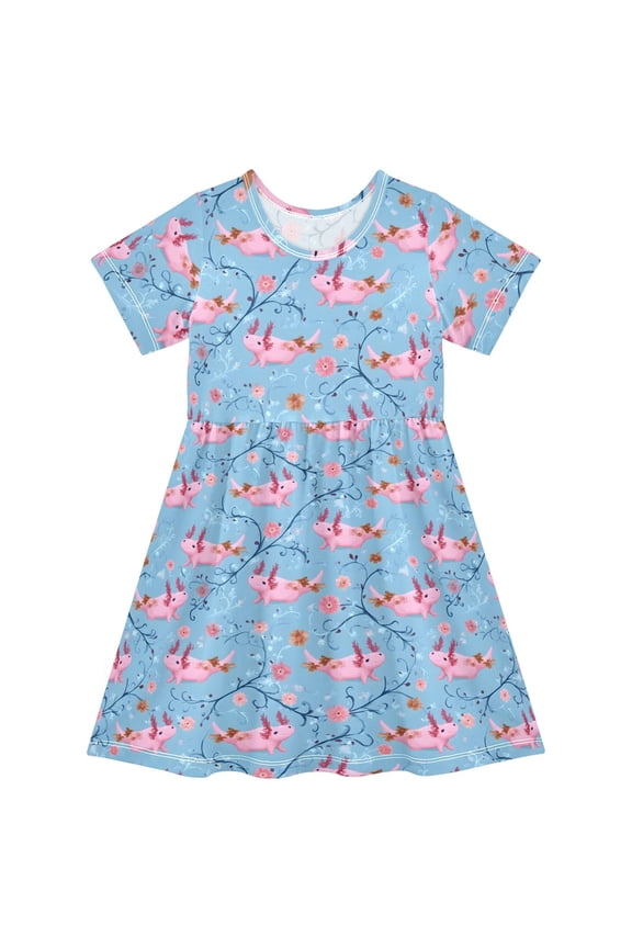 Cute Axolotls Blue Girls' Short Sleeve Dress Kids Dresses 5-6T