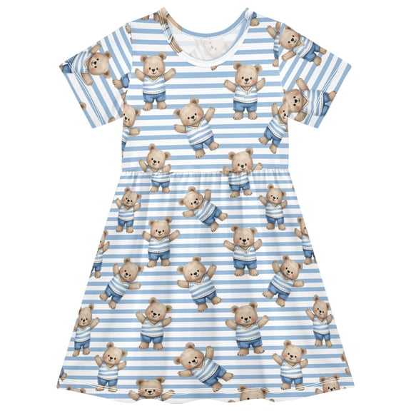 joogoo Cute Bear on Stripe Girls' Short Sleeve Dress Kids Dresses 5-6T