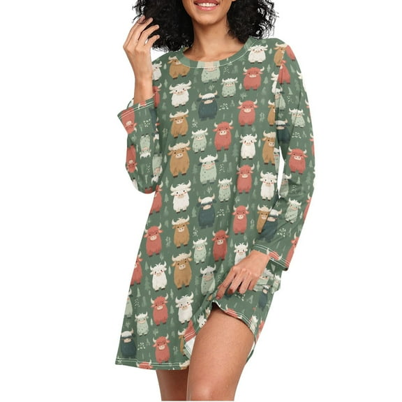 joogoo Cute Cartoon Cows Women's Long Sleeve Nightgown Sleepwear XL