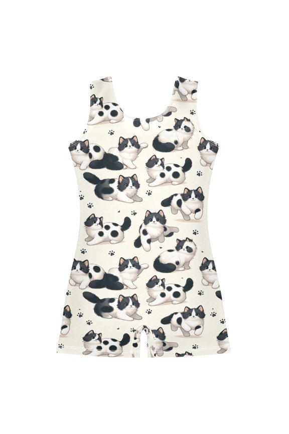 Cute Cat Footprint Pattern Girls Leotards Gymnastics Tumbling Outfit Biketard Unitard 9-10Years