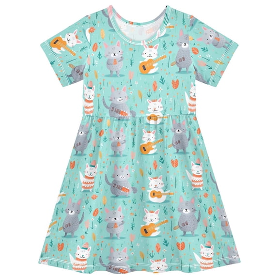 joogoo Cute Cat with Guitar Girls' Short Sleeve Dress Kids Dresses 5-6T