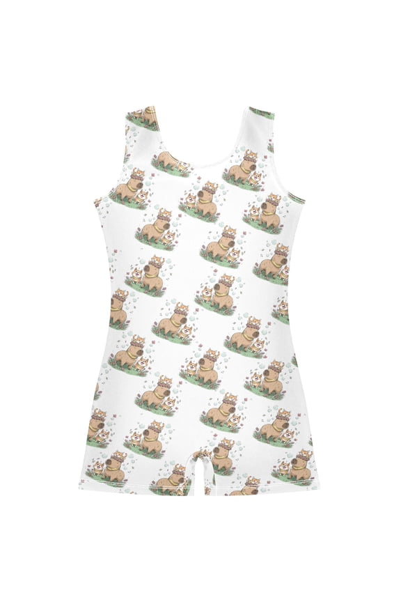 Cute Cats Corgi Capybara Pattern Girls Leotards Gymnastics Tumbling Outfit Biketard Unitard 3-4Years