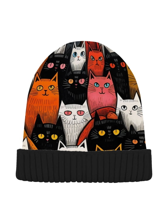 Cute Cats Print Beanie Hats Men Women Cuffed Skull Cap Winter Warm Knit Thick Beanies