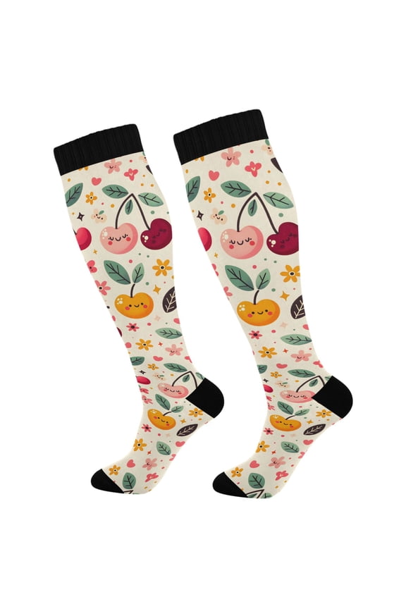Cute Cherry and Leaf Socks Women Men Knee High Sock