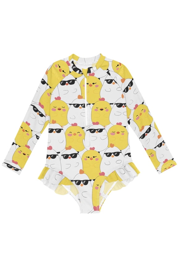 Cute Chicken with Sunglasses Pattern Girls One-Piece Swimsuits UPF 50+ Long Sleeve Rash Guard Bathing Suit 3 Years