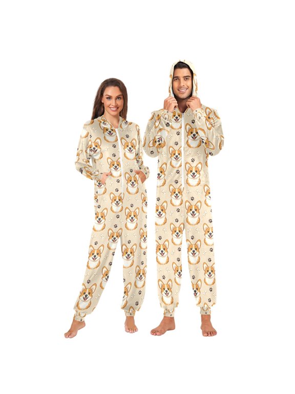 Cute Corgi Dog Bone Footprint Unisex Adults Onesies Pajamas Jumpsuits M